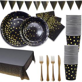 img 4 attached to Golden Disposable Party Dinnerware Set - Black and Gold Party Supplies with Paper Plates, Napkins, Knives, Forks, Cups & Banner - Perfect for Graduation, Birthday, Bachelorette Party