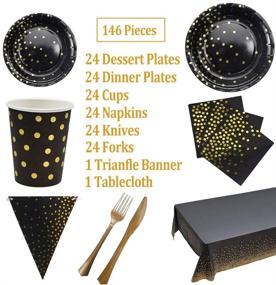 img 3 attached to Golden Disposable Party Dinnerware Set - Black and Gold Party Supplies with Paper Plates, Napkins, Knives, Forks, Cups & Banner - Perfect for Graduation, Birthday, Bachelorette Party