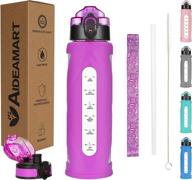 🍶 aideamart 17oz glass water bottle with time marker reminder and 2 leakproof lids (straw lid and flip lid) - one click open, silicone sleeve, bpa free - purple sleeve included logo