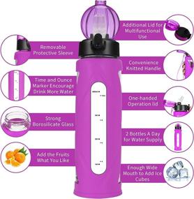 img 1 attached to 🍶 AIDEAMART 17oz Glass Water Bottle with Time Marker Reminder and 2 Leakproof Lids (Straw Lid and Flip Lid) - One Click Open, Silicone Sleeve, BPA Free - Purple Sleeve Included