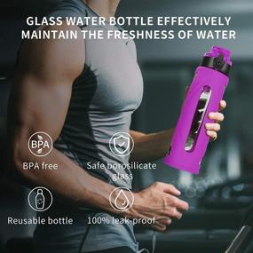 img 2 attached to 🍶 AIDEAMART 17oz Glass Water Bottle with Time Marker Reminder and 2 Leakproof Lids (Straw Lid and Flip Lid) - One Click Open, Silicone Sleeve, BPA Free - Purple Sleeve Included