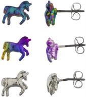 🌈 lux accessories rainbow unicorn earring set: sparkling silver tone multi novelty (3pcs) logo