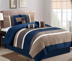 img 4 attached to 7PC Luxury Stripe Microfiber Comforter Set in Navy from JBFF Collection for Queen Size Bed