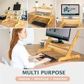 img 2 attached to Crew & Axel Bamboo Standing Desk Converter - Adjustable Sit Stand Riser Workstation for Desktop or Laptop, 📦 with Dual Monitor Stand - Ideal for Home or Office Use (19” High 26” Wide) - Includes Phone Stand