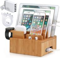 🔌 bamboo charging station with 5 port usb charger, smartwatch & earbuds stand - organize multiple devices with pezin & hulin electronic device organizer for cell phone, tablet logo