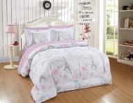 🗼 paris eiffel tower pink white grey blue floral bedding set - complete 7 piece comforter bed in a bag with full sheet set - bonjour flowers design - paris rose logo