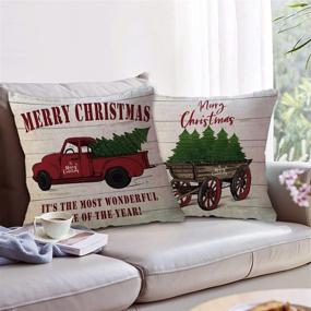 img 1 attached to 🎄 2-Pack Christmas Pillow Cover with Vintage Red Truck and Christmas Tree Pattern | Cotton Linen Decorative Throw Cushion Case | 18 x 18 Inch | Christmas-1