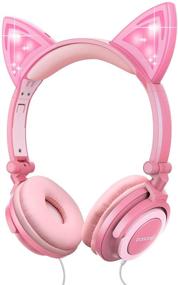 img 4 attached to Barsone Cat Ear Headphones for Girls - Tablet School Supplies Gifts, LED Light Up, Wired & Adjustable Kids Headphones, Foldable Over Ear Game Headset for Travel, Birthday, Christmas (Peach)