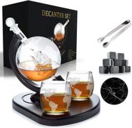 🥃 850ml globe whiskey decanter set with 2 etched whisky glasses - includes free 9 whiskey stones, ice tong, 2 coasters - perfect gift set for liquor, bourbon, scotch, vodka - complete with wood stand logo