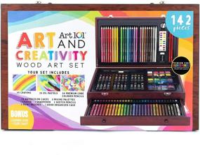 img 3 attached to 🎨 Art 101 Doodle and Color 142 Pc Art Set in Wood Carrying Case - Includes Premium Colored Pencils, Crayons, Oil Pastels, Watercolors - Portable Art Studio Kit