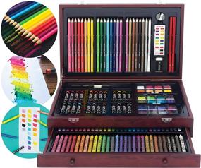 img 4 attached to 🎨 Art 101 Doodle and Color 142 Pc Art Set in Wood Carrying Case - Includes Premium Colored Pencils, Crayons, Oil Pastels, Watercolors - Portable Art Studio Kit