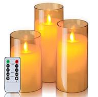 🕯️ homemory gold flickering flameless candles with remote control and timer, set of 3 - battery operated acrylic led pillar candles логотип