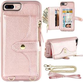 img 4 attached to LAMEEKU Wallet Case for iPhone 8 Plus, iPhone 7 Plus - Card Holder Leather Case with Wrist Chain, Crossbody Strap, and Zipper - Rose Gold (5.5 inches)