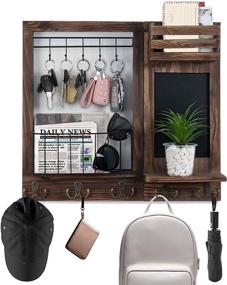 img 4 attached to 🔑 Entryway Wall Mail Key Holder - Rustic Wooden Hanging Mail Storage with 5 Double Hooks, Chalkboard and Decorative Element (Burnt Paulownia)