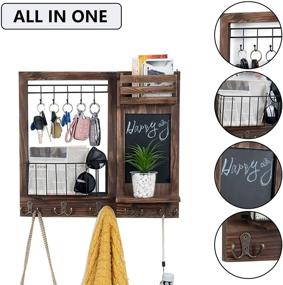 img 2 attached to 🔑 Entryway Wall Mail Key Holder - Rustic Wooden Hanging Mail Storage with 5 Double Hooks, Chalkboard and Decorative Element (Burnt Paulownia)