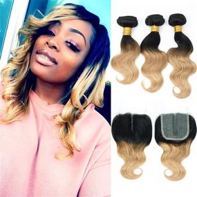 img 4 attached to 💁 Станьте великолепной с волосами Kapelli Hair 10A Ombre и замком T-Part: волна тела из омбре-бразильских волос с замком-челкой в T1B/27,12 14 16+10 оттенков! Ощутите омбре-бразильские волосы виргинское реми в 2-х тонах от черного к блондину.