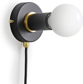 img 4 attached to Matte Black Plug-in Simple Ring Wall Sconce Light with Brushed Brass Accents - Modern Minimalist Lighting - Industrial Exposed Bulb Wall Lamp - 16Ft Fabric Cord (BW0005-1BP)