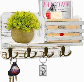 img 4 attached to Organize Your Mail and Keys with Y&ME YM Small Mail Organizer Wall Mounted - Rustic Key Hangers and Mail Sorter with 4 Hooks - Wooden Key and Mail Holder Decorative Shelf - White