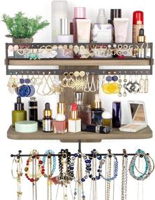 img 4 attached to 🪴 SOLIMINTR Rustic Wood Wall Mounted Jewelry and Skincare Product Organizer with Rod – Hanging Storage Shelves Rack and Double-layer Holder Display for Necklaces, Earrings, Bracelets, Rings – Weathered Grey