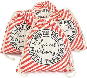 img 4 attached to Christmas Candy Cane Drawstring Bags for Holiday 🎅 Party Favors (4 Pack) - Festive Canvas Gift Bags