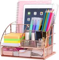 🌸 rose gold upgraded desk organizer: stylish mesh office supplies caddy with drawer for women, perfect for home & office desktop decoration & organization logo
