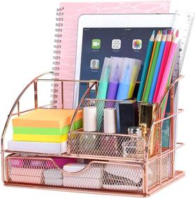 img 4 attached to 🌸 Rose Gold Upgraded Desk Organizer: Stylish Mesh Office Supplies Caddy with Drawer for Women, Perfect for Home & Office Desktop Decoration & Organization
