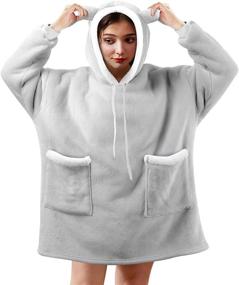 img 4 attached to 🧥 Oversized Blanket Hoodie - FOOING Gift for Women and Men, Wearable Sherpa Fleece Sweatshirt Blanket with Sleeves, Warm Soft Sweater Jacket, Giant Pockets, Gray - Adult Teen