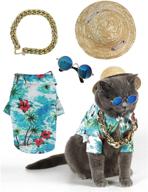 🐶 dog costume set: impoosy 4pcs pet hawaiian shirt, puppy sunglasses, funny cat straw hat, and small dog gold chain collar for summer styling логотип