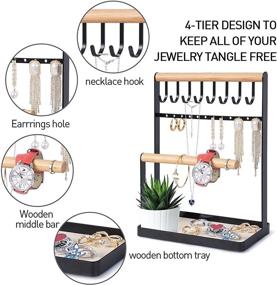img 3 attached to 📿 TESENAI Necklace Holder Stand Jewelry Holder with 8 Hooks, 12 Earrings Holes, and 4-Tier Wooden Jewelry Tower for Necklaces, Bracelets, Rings, and Watches