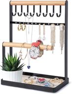 📿 tesenai necklace holder stand jewelry holder with 8 hooks, 12 earrings holes, and 4-tier wooden jewelry tower for necklaces, bracelets, rings, and watches logo