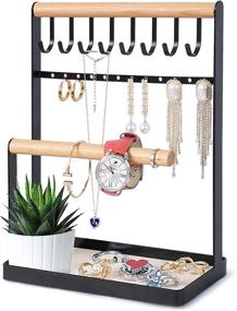 img 4 attached to 📿 TESENAI Necklace Holder Stand Jewelry Holder with 8 Hooks, 12 Earrings Holes, and 4-Tier Wooden Jewelry Tower for Necklaces, Bracelets, Rings, and Watches