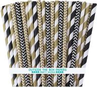 🖤✨ black and gold chevron and striped paper straws - pack of 100, 7.75 inches, black, gold, and white colors, by outside the box papers logo