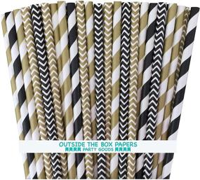 img 2 attached to 🖤✨ Black and Gold Chevron and Striped Paper Straws - Pack of 100, 7.75 Inches, Black, Gold, and White colors, by Outside the Box Papers