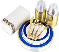 🍽️ stylish blue and gold rim plastic dinnerware set - 200 pieces - ideal for weddings, parties, and more - service for 25 guests logo