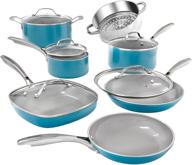 gotham steel aqua blue pots and pans set - 12 piece nonstick ceramic cookware: frying pans, stockpots & saucepans, stay cool handles, oven & dishwasher safe, 100% pfoa free, turquoise logo