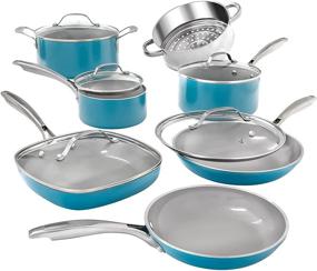 img 4 attached to Gotham Steel Aqua Blue Pots and Pans Set - 12 Piece Nonstick Ceramic Cookware: Frying Pans, Stockpots & Saucepans, Stay Cool Handles, Oven & Dishwasher Safe, 100% PFOA Free, Turquoise