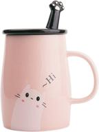 🐱 angelice home pink cute cat mug - ceramic coffee mug with stainless steel spoon, novelty gift for crazy cat lady logo