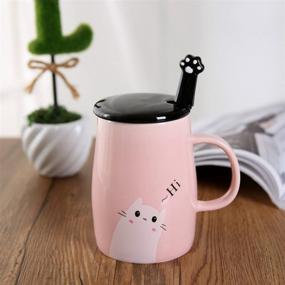 img 1 attached to 🐱 Angelice Home Pink Cute Cat Mug - Ceramic Coffee Mug with Stainless Steel Spoon, Novelty Gift for Crazy Cat Lady