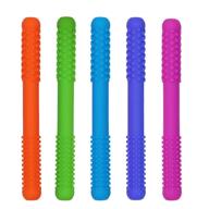silicone baby teething tubes for infant boys and girls (5 pack), hollow teether straws for nursing, biting, and chewing with built-in teething relief, toddlers' teething straws logo