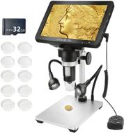 high-resolution 7-inch lcd digital microscope with 1200x magnification, 32gb tf card, 10 pcs coin capsules, 1080p video, metal stand, led fill lights, and pc compatibility logo