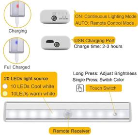 img 2 attached to 🔌 Wireless Remote Control Under Cabinet Lighting 6 Pack, 20-LED Rechargeable Dimmable Closet Lights for Kitchen Stairway Bedroom, Stick-on Touch Night Light Strip Bar, 3 Colors