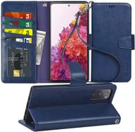 blue arae case for samsung galaxy s20 fe 5g - pu leather wallet case with stand feature, wrist strap, and 4-slots for id & credit cards - 6.5 inch compatible logo