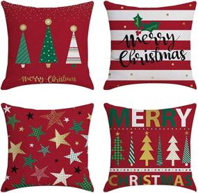 img 4 attached to 🎄 Jasfura Set of 4 Christmas Throw Pillow Covers 18x18 Inch Winter Pillowcases Cotton Linen Sofa Pillow Case Square Cushion Case for Living Room, Bed, Couch, and Car Decor (Red Strips)