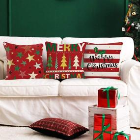 img 2 attached to 🎄 Jasfura Set of 4 Christmas Throw Pillow Covers 18x18 Inch Winter Pillowcases Cotton Linen Sofa Pillow Case Square Cushion Case for Living Room, Bed, Couch, and Car Decor (Red Strips)