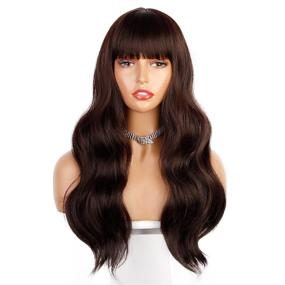 img 4 attached to 🔥 Stunning Dark Brown Wavy Wig with Bangs - Heat Resistant Long Synthetic Hairpiece for Women's Daily & Party Looks