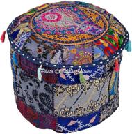 blue floral patchwork embroidered cotton indian ethnic ottoman pouf cover - stylo 🌸 culture foot stool furniture 45 cm - footstool floor cushion home decor bean bag logo