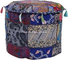 img 3 attached to Blue Floral Patchwork Embroidered Cotton Indian Ethnic Ottoman Pouf Cover - Stylo 🌸 Culture Foot Stool Furniture 45 cm - Footstool Floor Cushion Home Decor Bean Bag