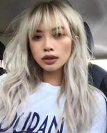 long curly wavy silver gray wigs with bangs for women – dark roots ombre grey synthetic hair wigs | heat resistant fiber daily use wig logo