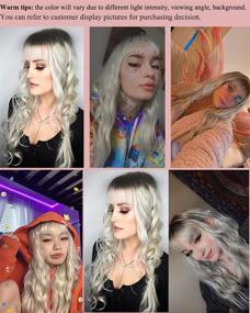 img 3 attached to Long Curly Wavy Silver Gray Wigs with Bangs for Women – Dark Roots Ombre Grey Synthetic Hair Wigs | Heat Resistant Fiber Daily Use Wig