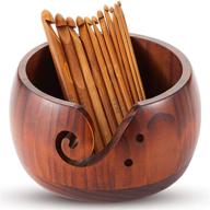🧶 dark brown wooden yarn bowl with bamboo crochet hooks - 6 x 3 x 3 inch - yarn storage holder for crocheting, knitting, and diy crafts logo